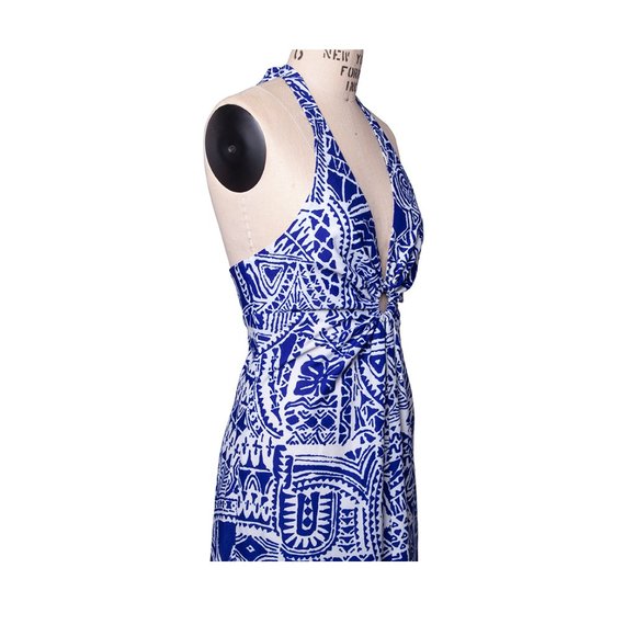 Vintage 60s 70s Hawaii Nei Hawaiian Blue White Halter Maxi Sundress Dress - Picture 7 of 16